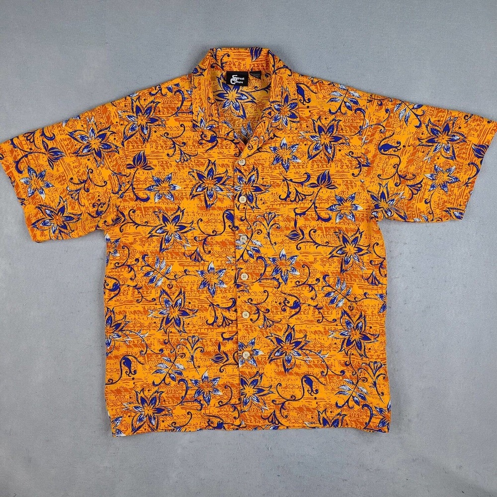 Vintage Street Culture Shirt Men's Large Orange Floral Print Short Sleeve‎